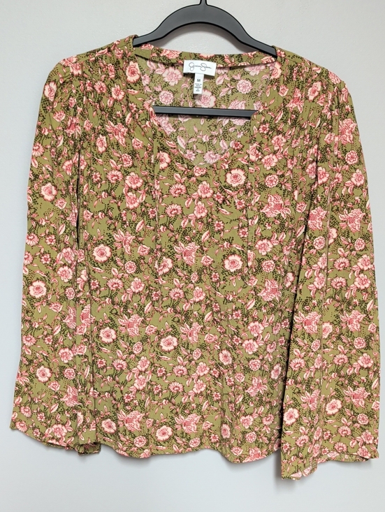 Jessica Simpson Tops - Jessica Simpson Olive and Pink Floral Scoop Neck Blouse